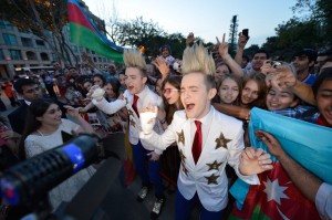 Jedward quietly skulks in a side entrance (image via http://allthingseurovision.tumblr.com/)