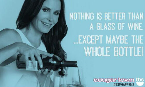 Courteney Cox does her bit for the comsumption of red wine #siphappens (image via Cougar Town twitter feed)