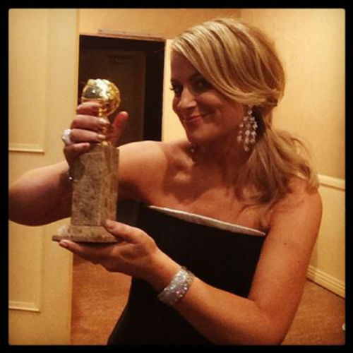 Amy Poehler backstage after her unexpected but very much welcome win (image via Golden Globes Facebook page)