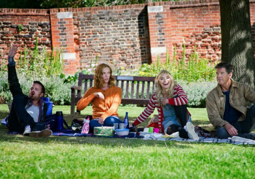 The cast of A Long Way Down L-R: Aaron Paul, Toni Collette, Imogen Poots, Pierce Brosnan