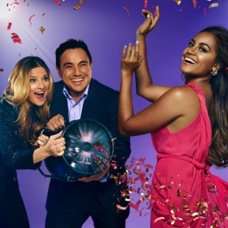 SBS Eurovision telecast hosts Julia Zemiro and Sam Pang prime Jessica Mauboy with the almost obligatory wind machine (image via official SBS Eurovision Facebook page (c) SBS)