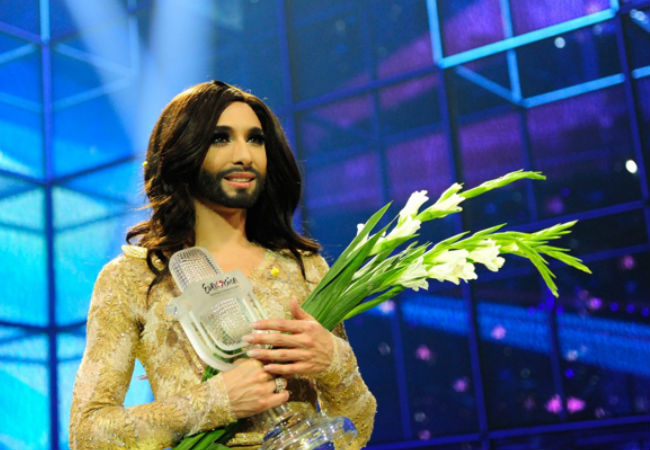 Conchita Wurst at the moment of sweet victory (image via Eurovision.tv (c) Sander Hesterman (EBU)