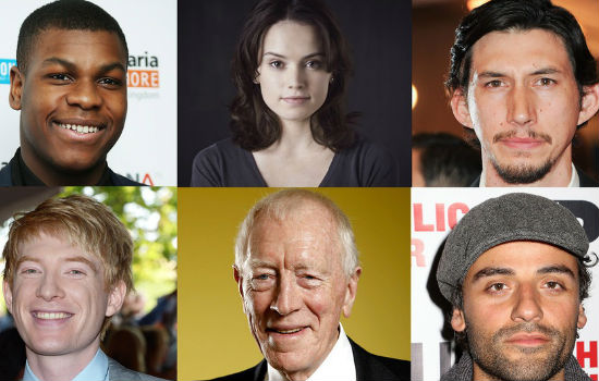 Top row L-R: John Boyega, Daisy Ridley, Adam Driver / Bottom row L-R: Domhnall Gleeson, Max Von Sydow, Oscar Isaac (image via Mashable)