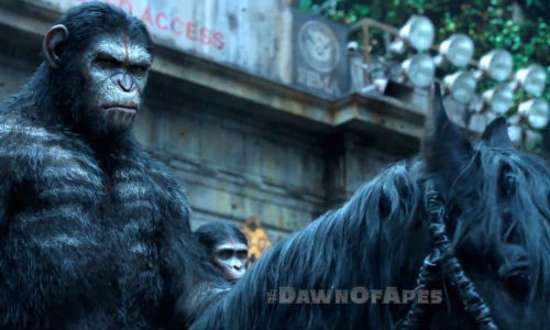 Caesar on horseback is a fearsome sight but it is a credit to both the screenwriters, Andy Serkis and director Matt Reeves that he emerges as the most fully fully fleshed out character of the film (image via SchmoesKnow)