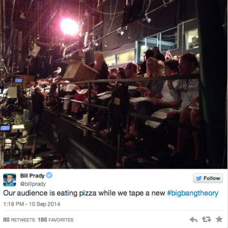 The audience for a taping of The Big Bang Theory get into their pizzas (image via official Bill Purdy Twitter account)