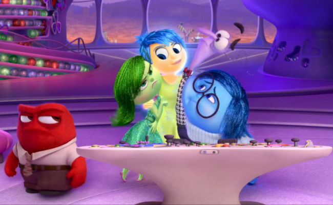 There are a lot of emotions inside one young girl - meet Anger (Lewis Black), Disgust (Mindy Kaling), Joy (Amy Poehler), Fear (Bill Hader), and Sadness (Phyllis Smith) (image via YouTube (c) Disney / Pixar)