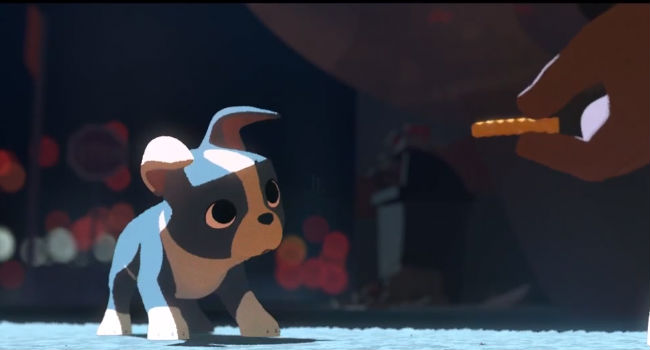 Winston is offered his first morsel of delicious food, beginning a love affair with all kinds of tasty offerings (image via YouTube (c) Disney)