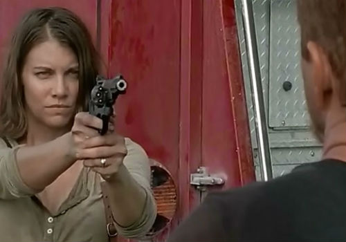 Maggie has to resort to pointing a gun at Abraham's head to prevent him from lashing out at Rosita, a manoeuvre which Abraham later confirms he is glad didn't follow what could its bloody outcome (image (c) Gene Wood/AMC via Crave Online)