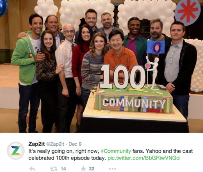 One of the highlights of the year was Community getting picked up for a 6th season on Yahoo! after NBC, as expected, cancelled it and celebrating the filming of its 100th episode ... now for the movie part of the #sixseasonsandamovie hashtag (image via Zap2it Twitter account)