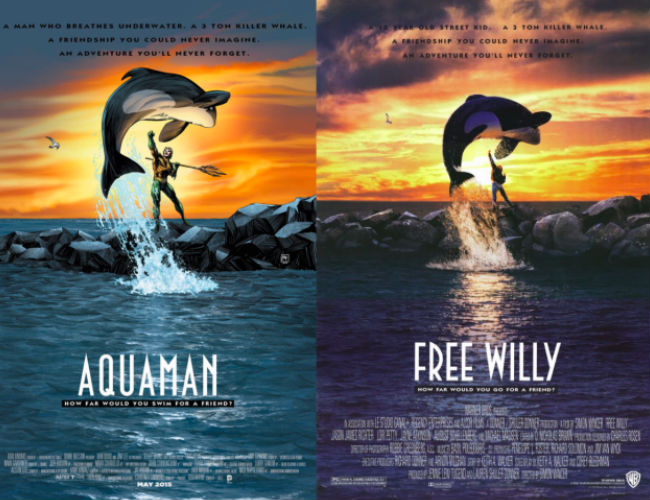Aquaman and Free Willy (AQUAMAN #40 inspired by FREE WILLY, with cover art by Richard Horie / image via io9)
