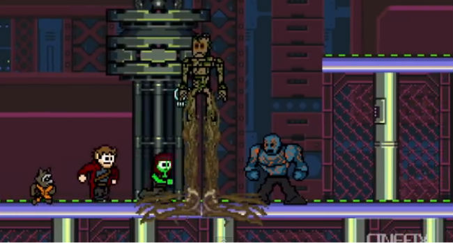 8 bit video game take on last year's galaxy-spanning megahit Guardians of the Galaxy (image via YouTube (c) CineFix by David and Henry Dutton)