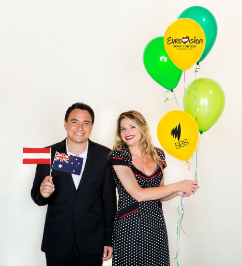 Hosts of Australian broadcaster SBS's annual Eurovision broadcast, Sam Pang and Julia Zemiro, are as excited as the rest of us about Australia competing, yes COMPETING, in Eurovision this year! (image courtesy of and (c) SBS)