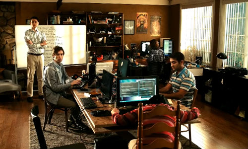 Most of the main cast of Silicon Valley L-R: Donald "Jared" Dunn (Zach Woods), Richard Hendriks (Thomas Middleditch), Bertram GIlfoyle (Martin Starr) and Dinesh Chugtai (Kumail Nanjiani) (image via YouTube (c) HBO)