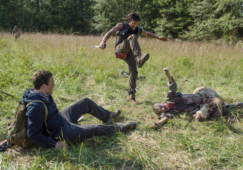 With Aaron sitting down on the job again - kidding; a walker tripped him up in a rather flesh-hungry fashion - it's up to Daryl to save the day ... but not the horse alas (Photo by Gene Page/AMC)