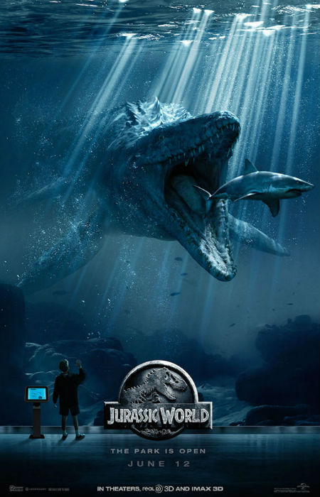 A ridiculously relaxed boy looks on as a Mosasaurus snacks on a shark for lunch (image via Collier (c) Sony)