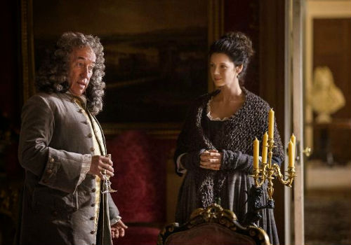 Claire drops by for a spot of sherry and as is her newly-assumed way blackmailing with the Duke of Sandringham who may have the power to alter the trajectory of Jamie's life (image via SpoilerTv (c) Starz)