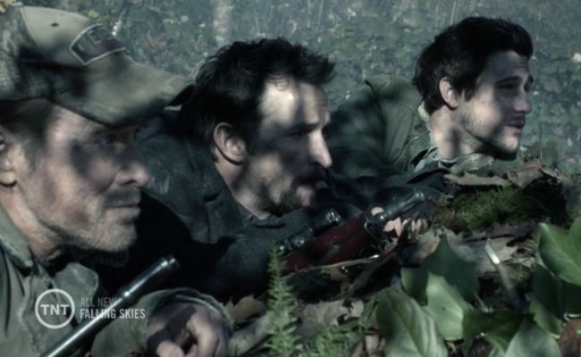 "So Dan, don't you think it's weird a fully-functioning and well-equipped military base is sitting there out in the open 3 years after the Espheni blew up everything?" "Wy yes Tom it is inordinately suspicious." "But we're totally going in anyway aren't we?" "Hell yeah we ARE!" The 2nd Mass. brains trust at it again (image via Idiotbox (c) TNT)