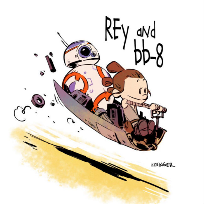 #Rey and #bb8 love sledding down the dunes of jakku! #mashup #calvinandhobbes #theforceawakens #StarWars (copy and art (c) Brian Kesinger)