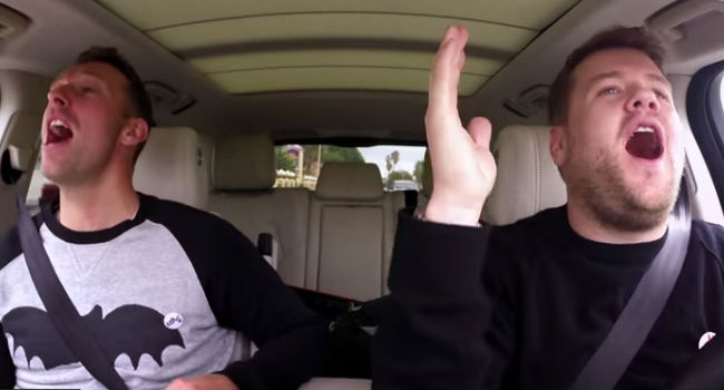 Chris and James sing their Carpool Karaoke hearts out (image via YouTube (c) The Late, Late Show)