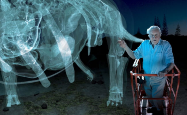 David Attenborough and the Titanosaur (image via PBS (c) BBC)