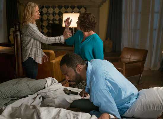 The Well-Dressed Angel of Death continues to have "philosophical differences" with Madison and Victor (photo by Richard Foreman/AMC))